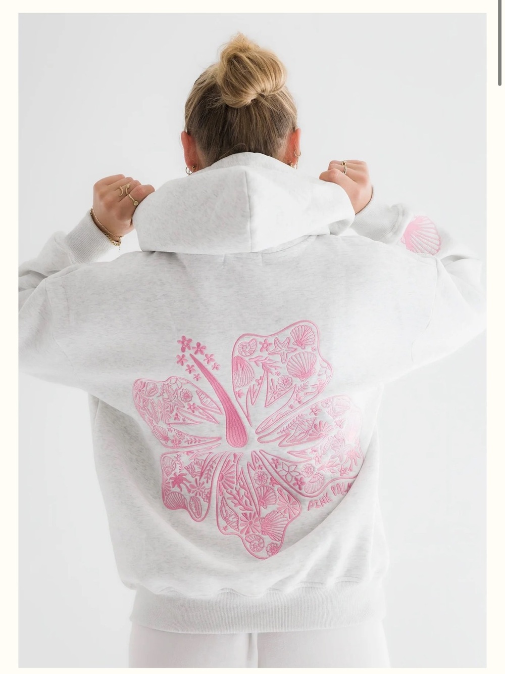 PINK PALM PUFF "Hawaii Hibiscus" Hoodie in Heather Cloud - Picture 2 of 10